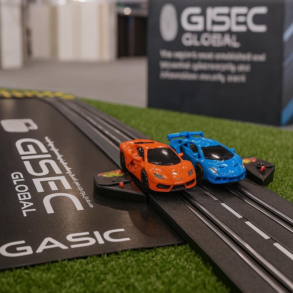 Guest wearing brainwave headband racing a slot car using mind control at a Dubai tech event. Interactive, hands-free game rental for events and exhibitions
